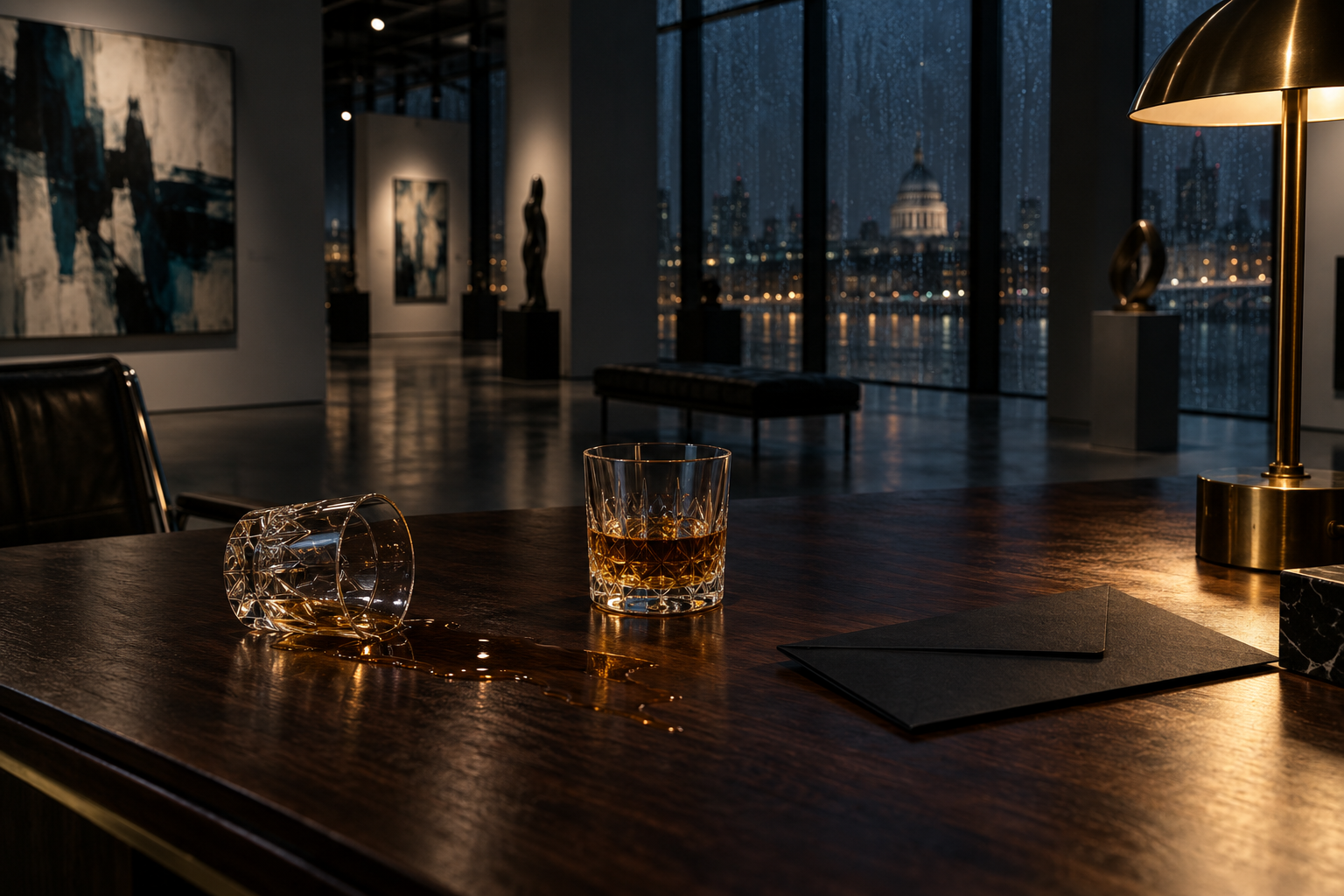 The gallery office after the reception, with two whisky glasses and an envelope on the desk.